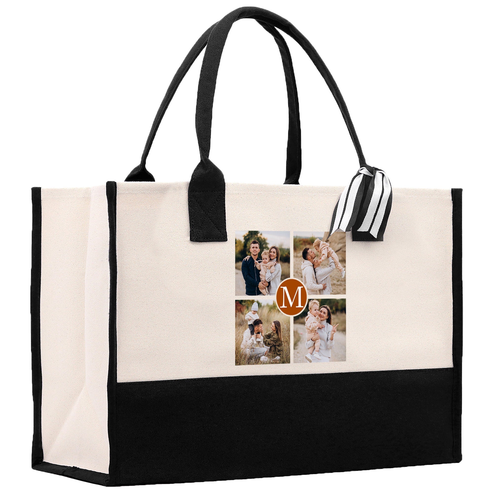 a black and white tote bag with a picture of a family