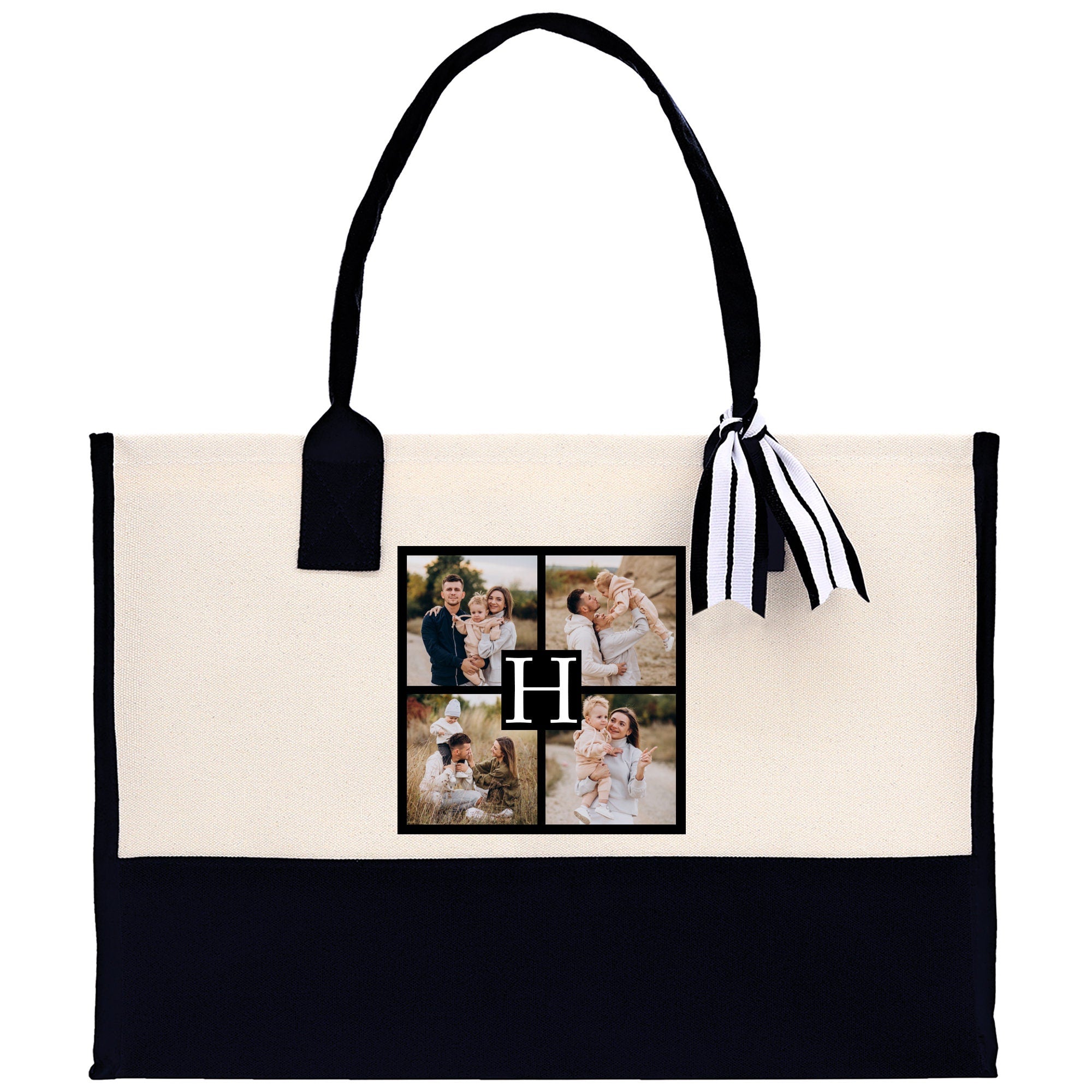 a black and white tote bag with a picture of a family