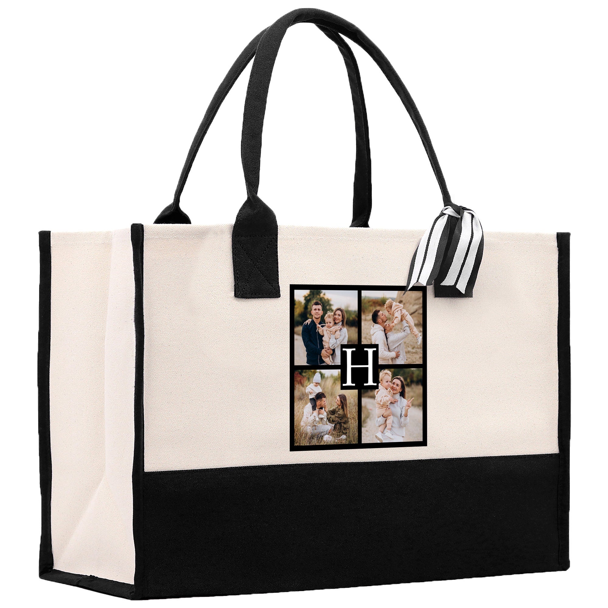 a black and white tote bag with a picture of a couple