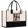 a black and white tote bag with a picture of a couple