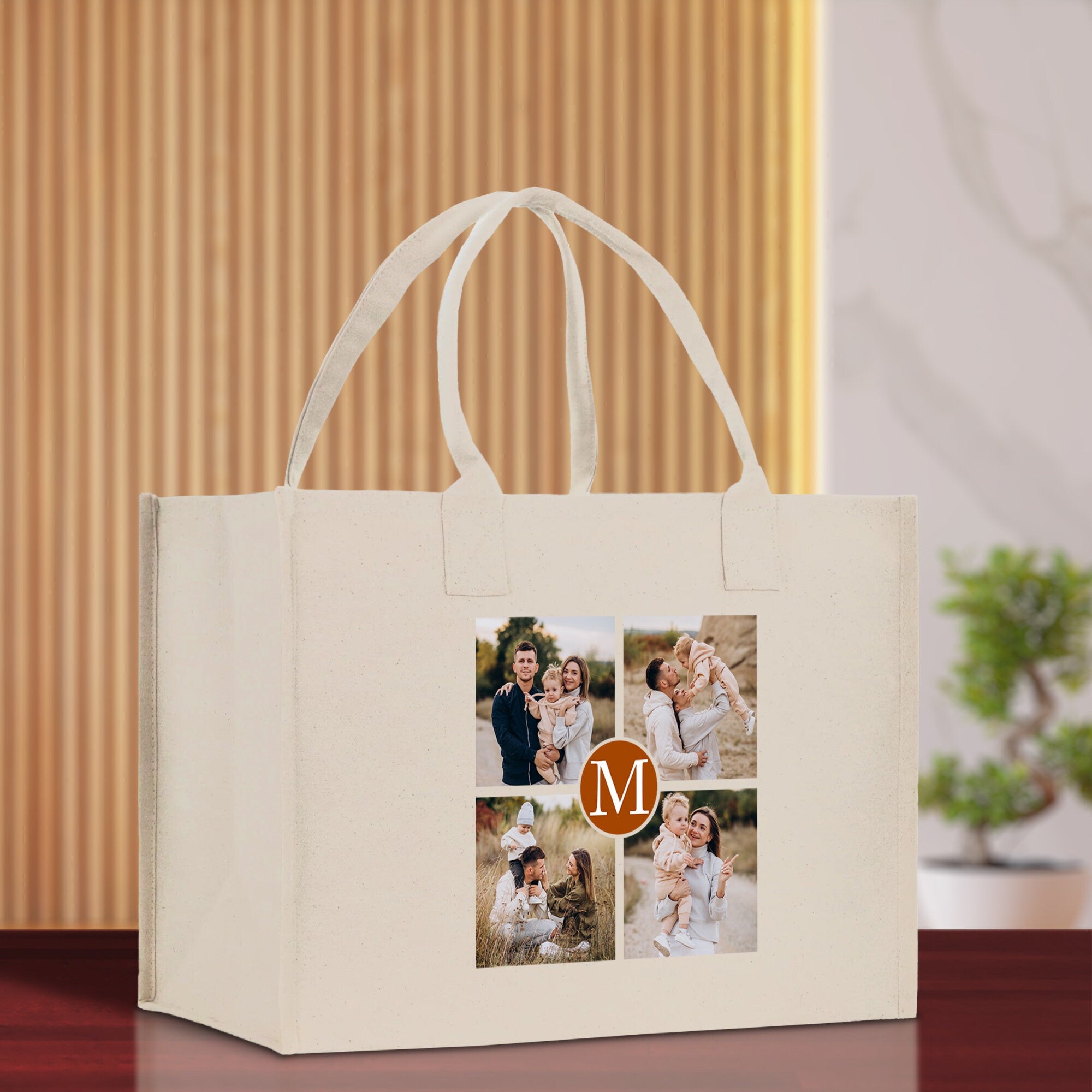a white bag with a picture of two women and a man on it