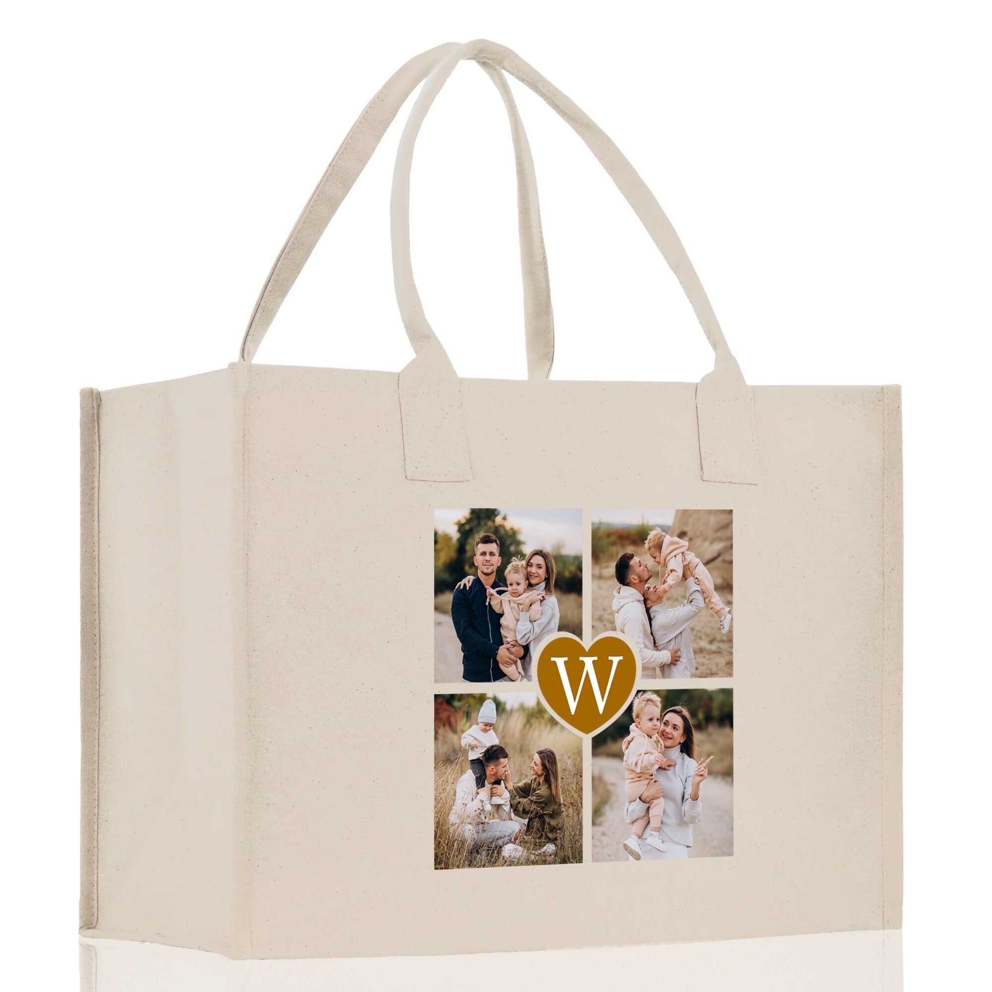 a white bag with a collage of photos on it