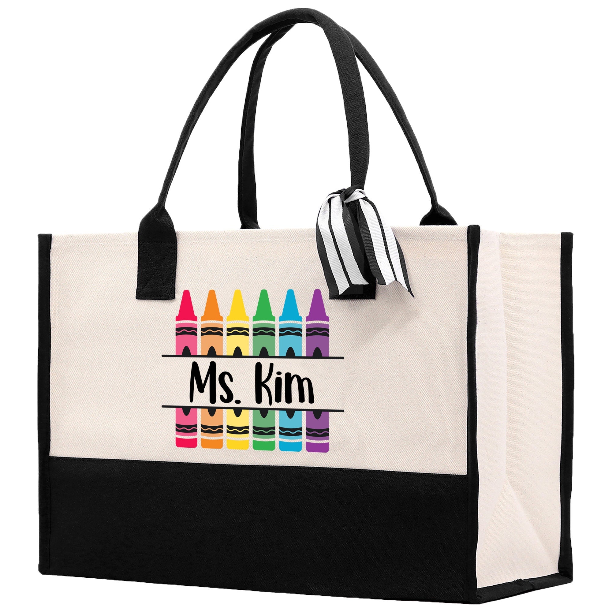 a white bag with a black bottom and a multicolored crayons on