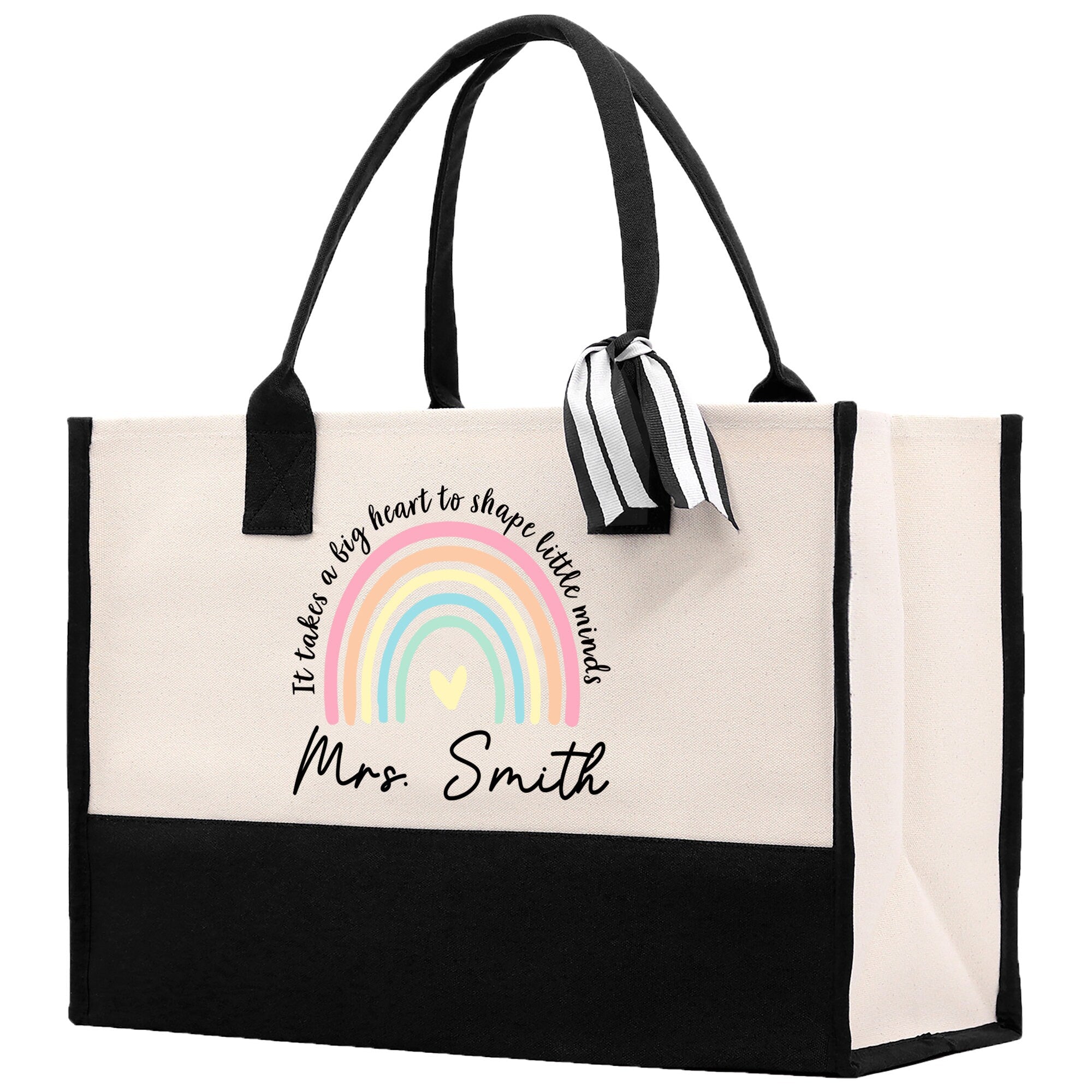 a black and white bag with a rainbow on it