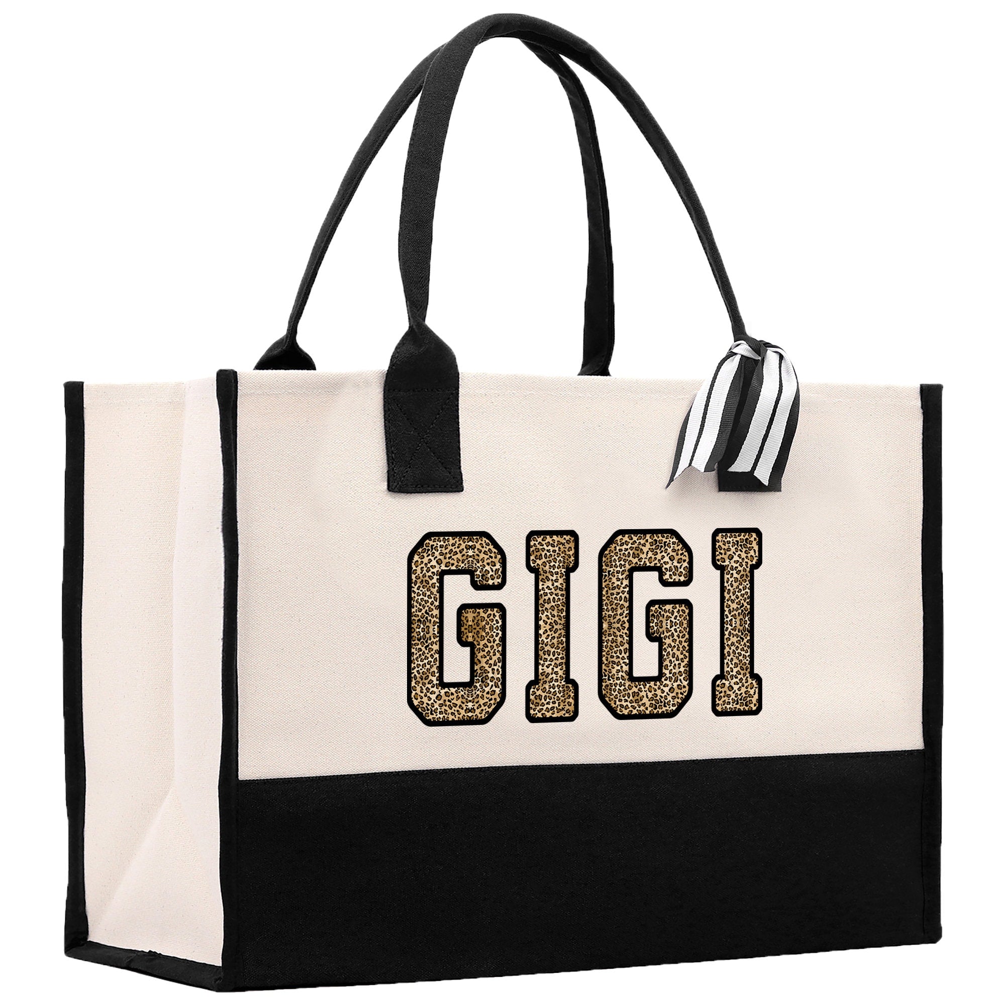 a black and white tote bag with the word gigi on it