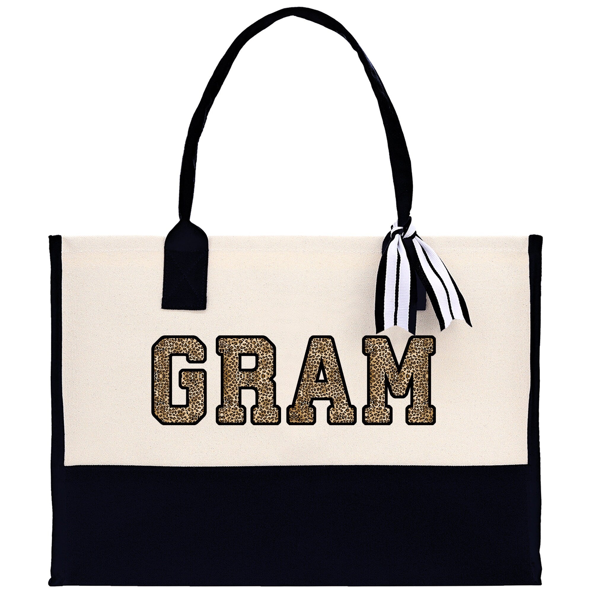 a black and white bag with the word gram on it