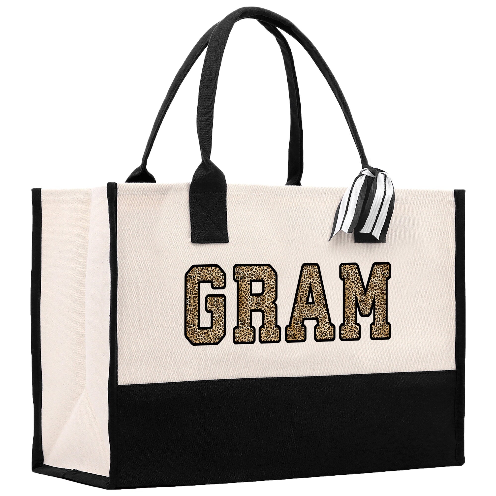 a black and white bag with the word gram on it