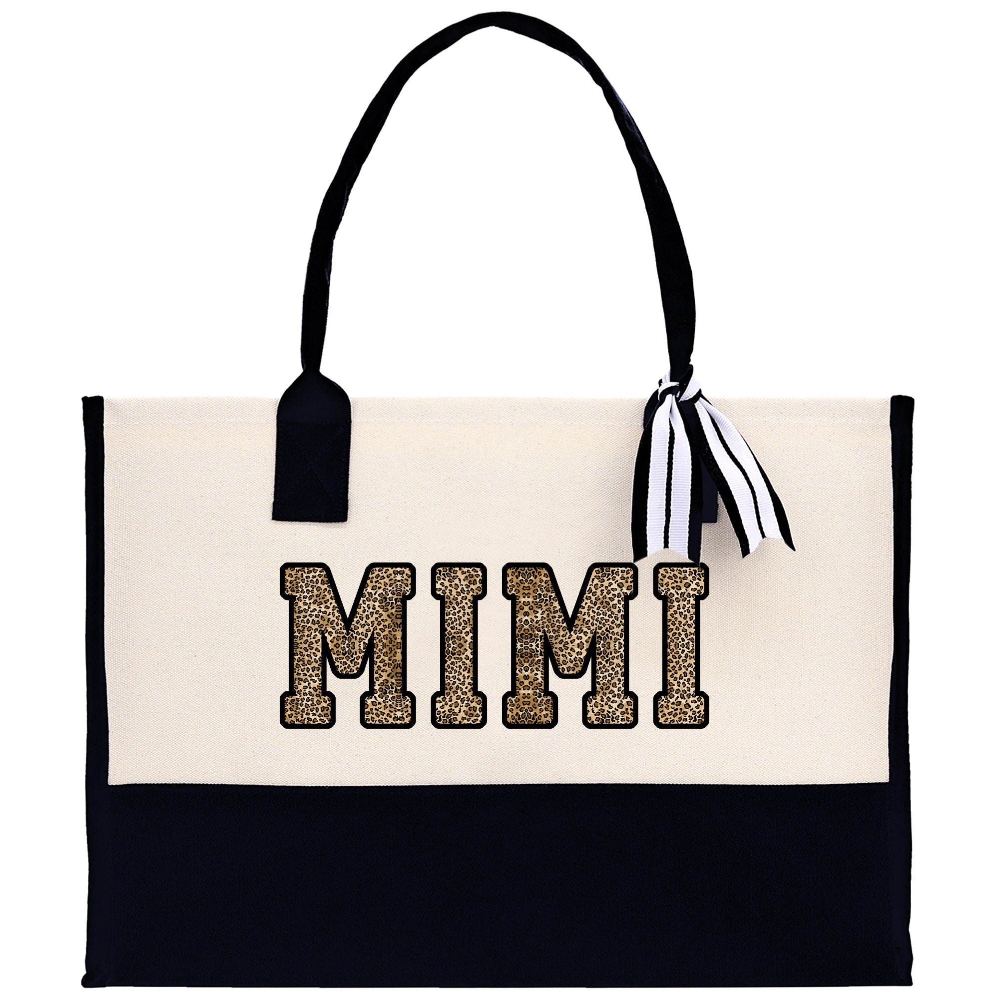 a black and white bag with the word mim printed on it