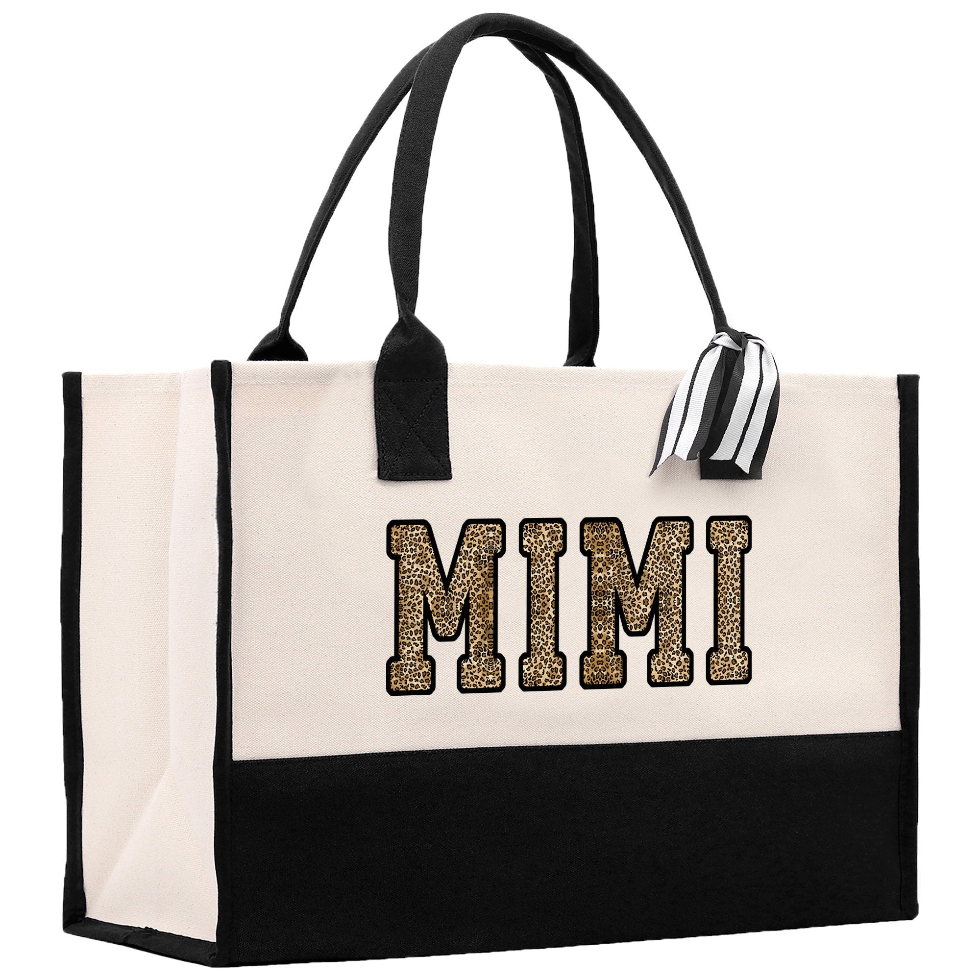 a black and white bag with the word mimi printed on it