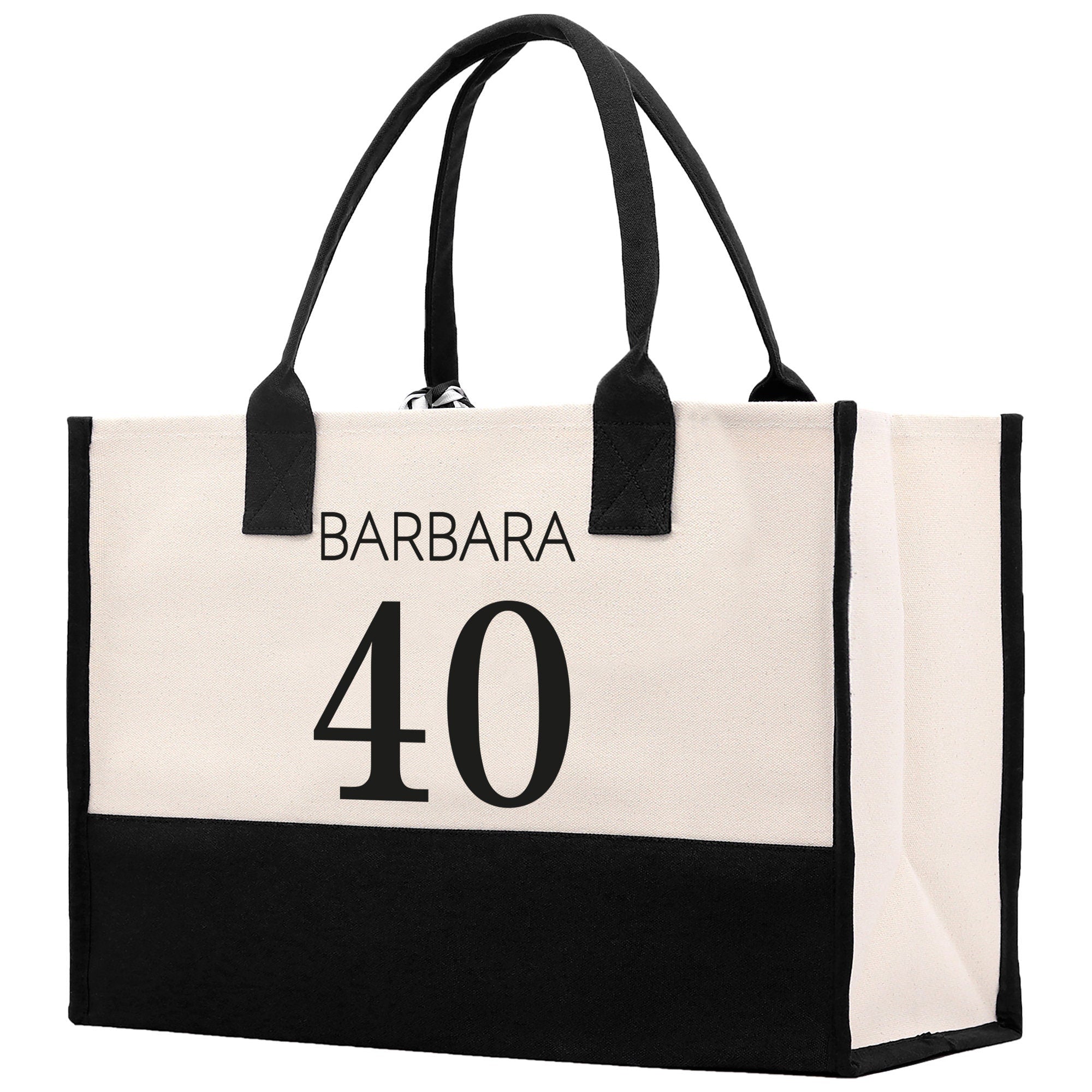 a black and white shopping bag with the number forty on it