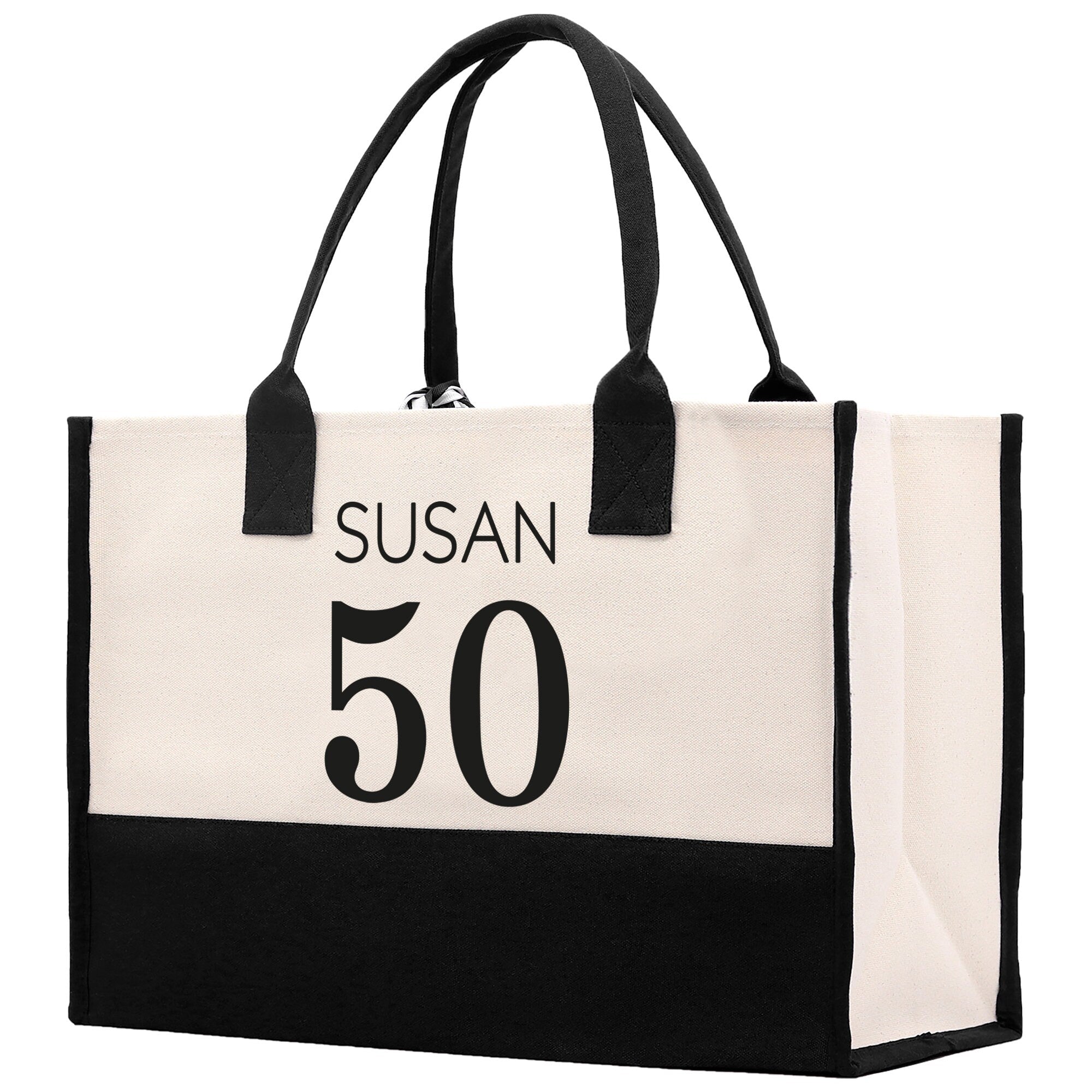 a black and white tote bag with the number 50 printed on it