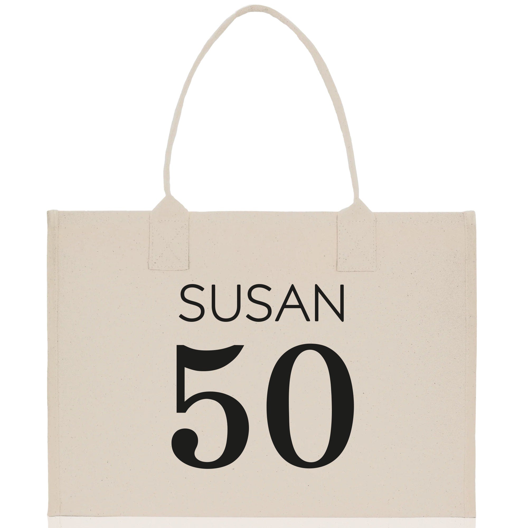 a white shopping bag with the number 50 printed on it