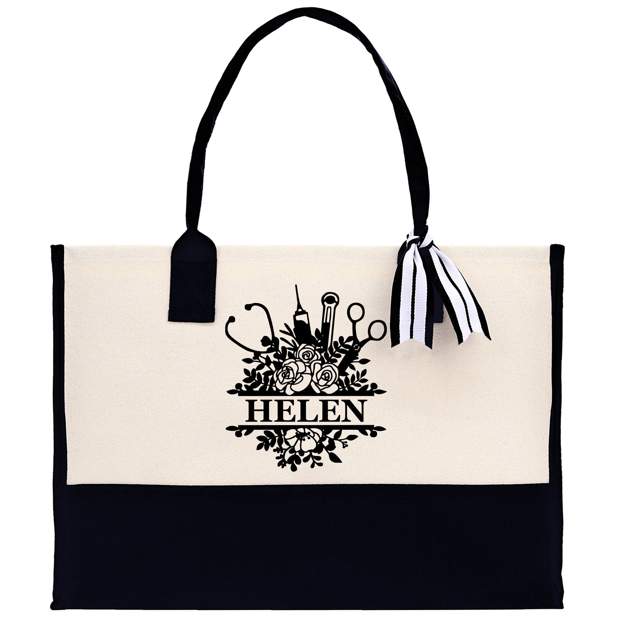 a black and white tote bag with scissors and ribbon