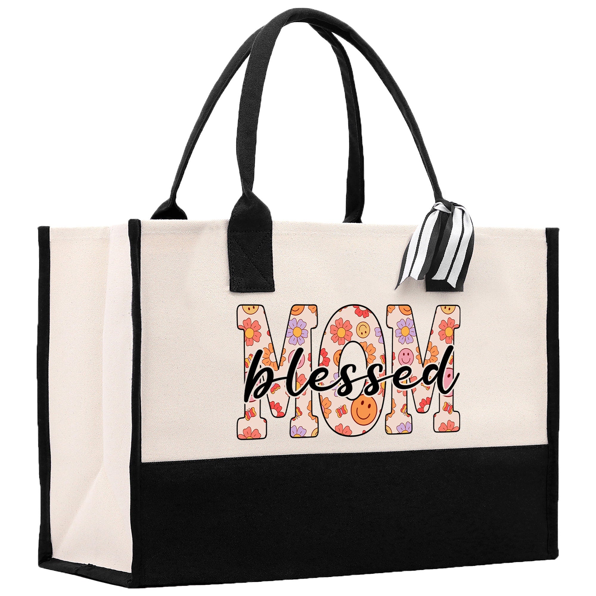 a black and white tote bag with the word mom on it