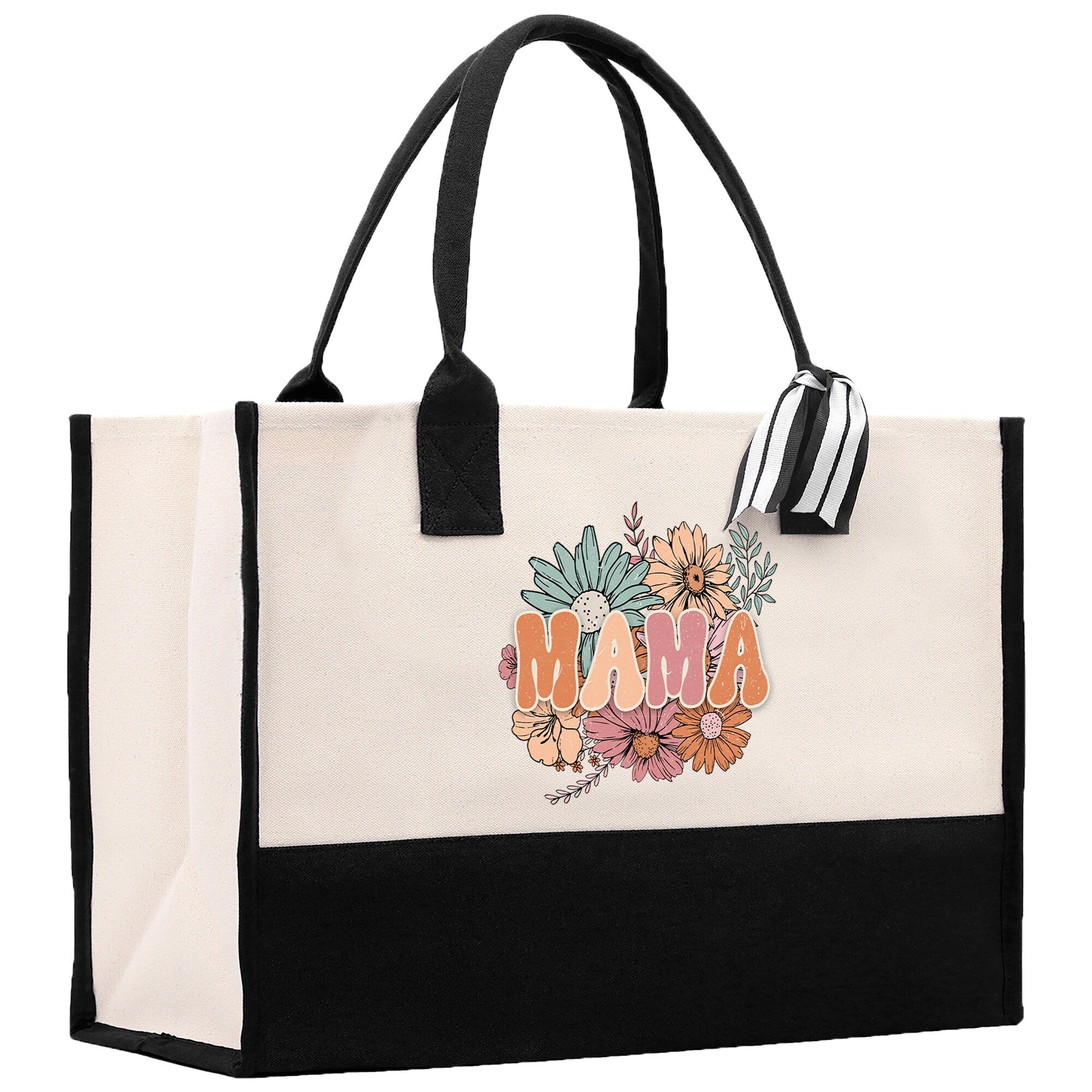 a black and white tote bag with the word mama printed on it