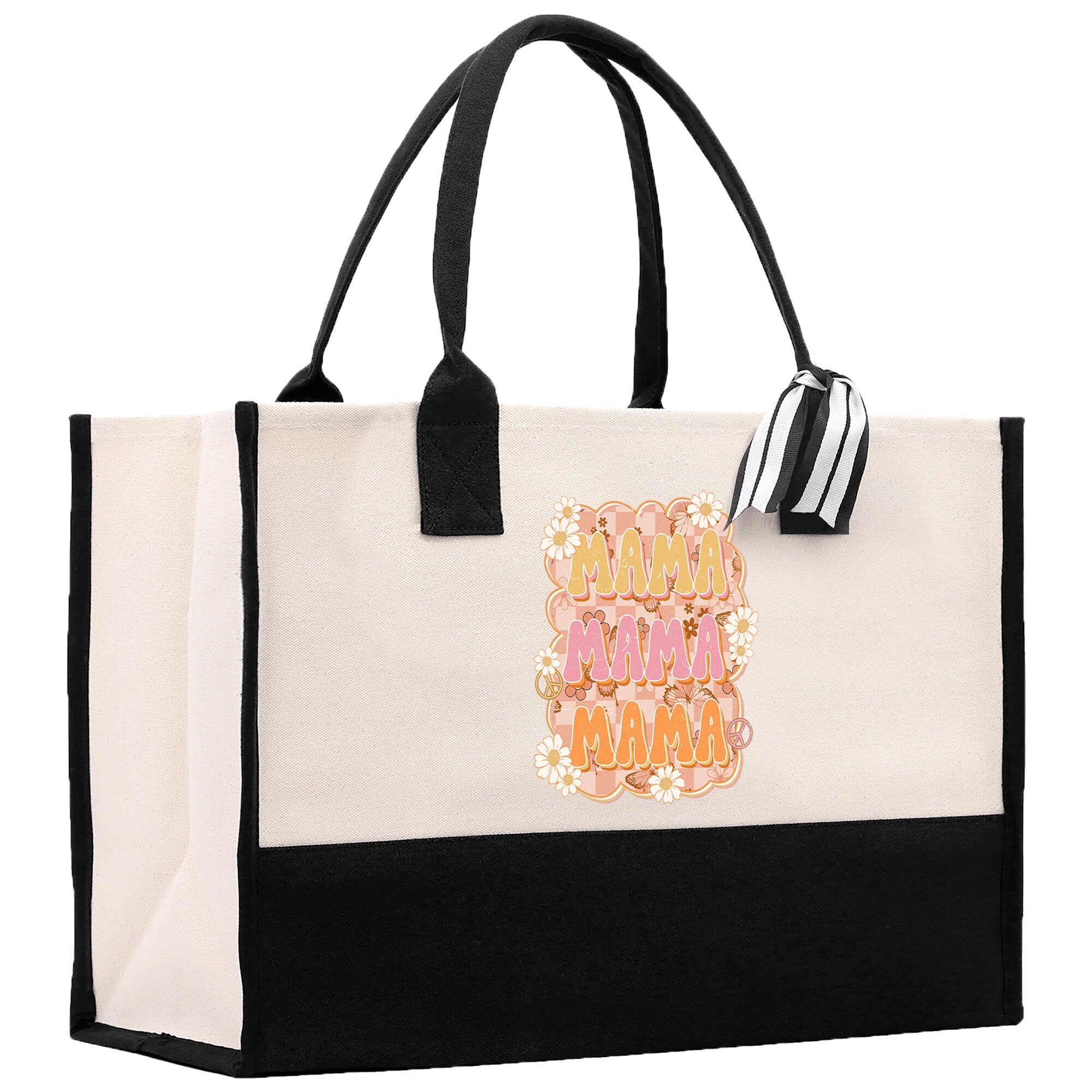 a black and white bag with a pink and orange design