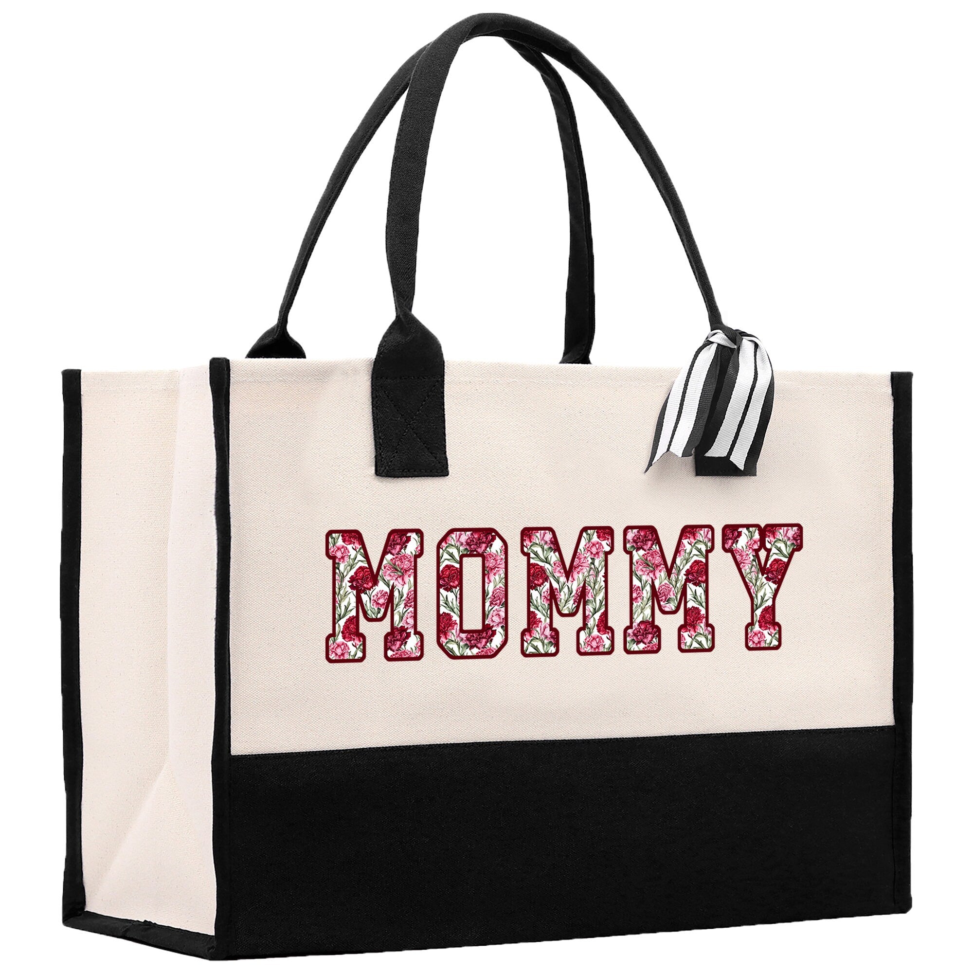 a black and white bag with the word mommy printed on it