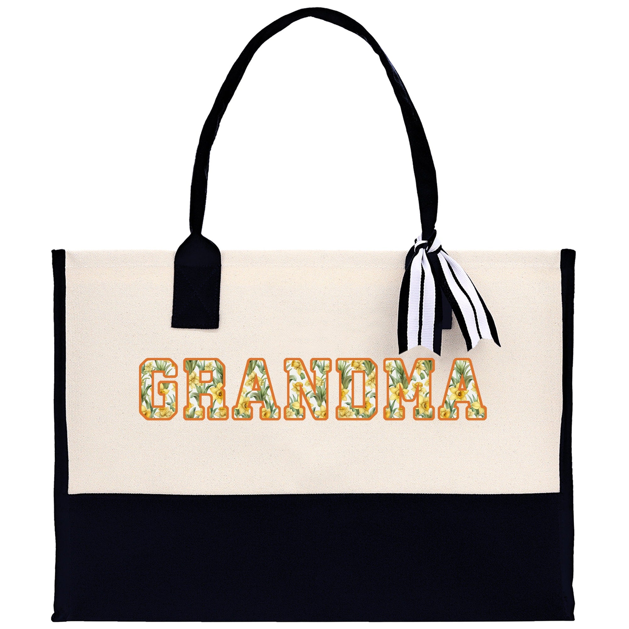 a black and white bag with the word grandma printed on it