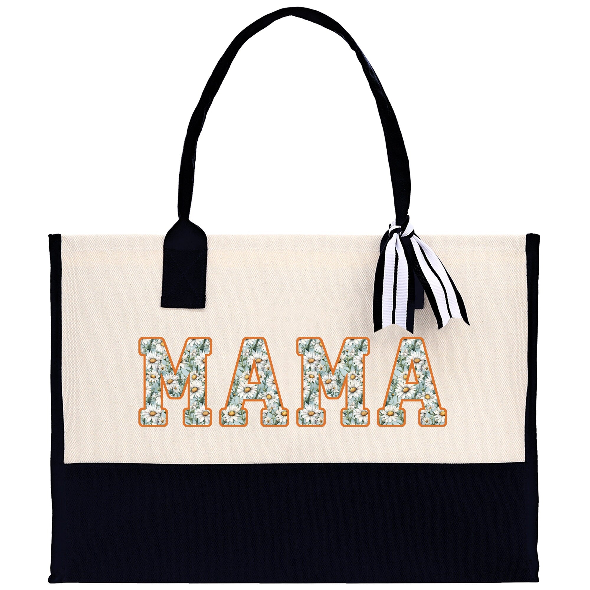 a white and black bag with the word mama printed on it