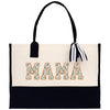 a white and black bag with the word mama printed on it