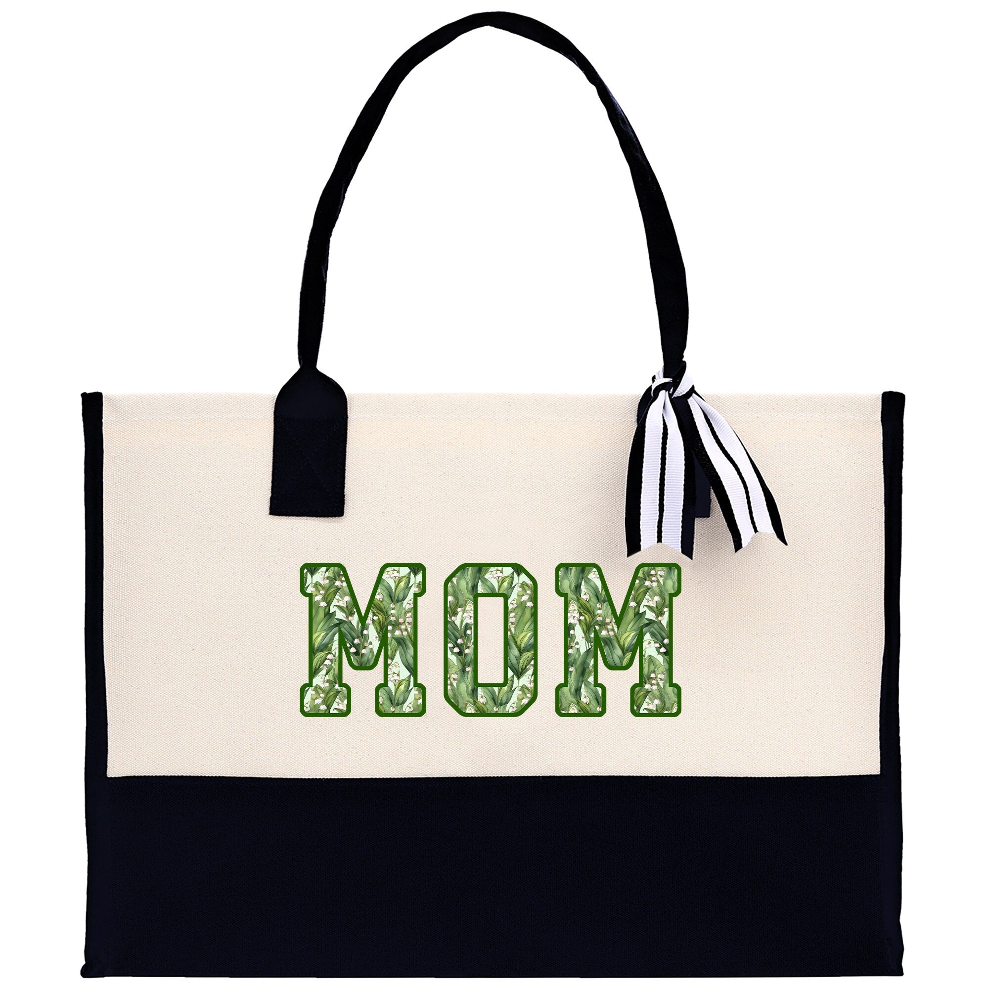 a black and white bag with the word mom on it