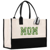 a black and white bag with the word mom printed on it