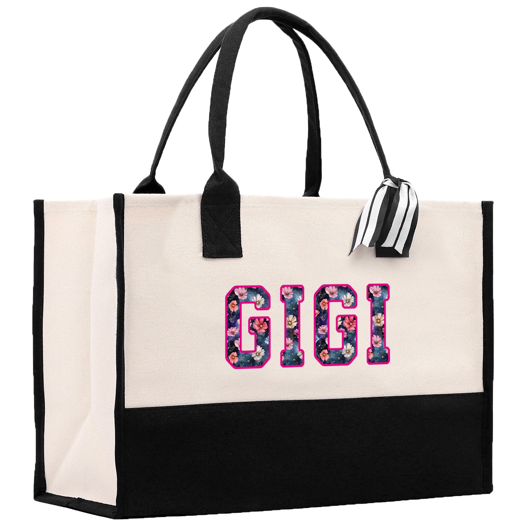 a black and white tote bag with the word go on it