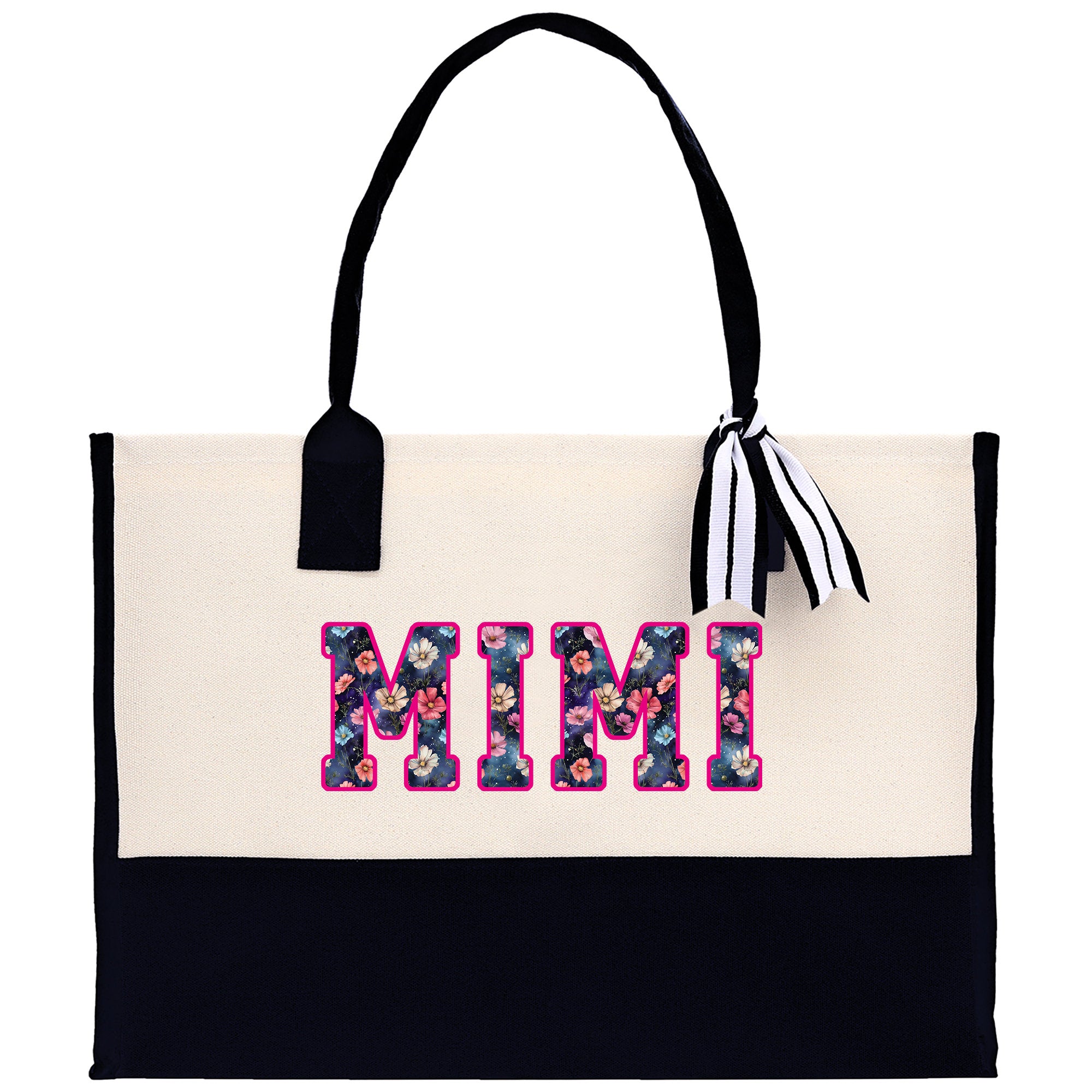 a black and white bag with the word mimi printed on it