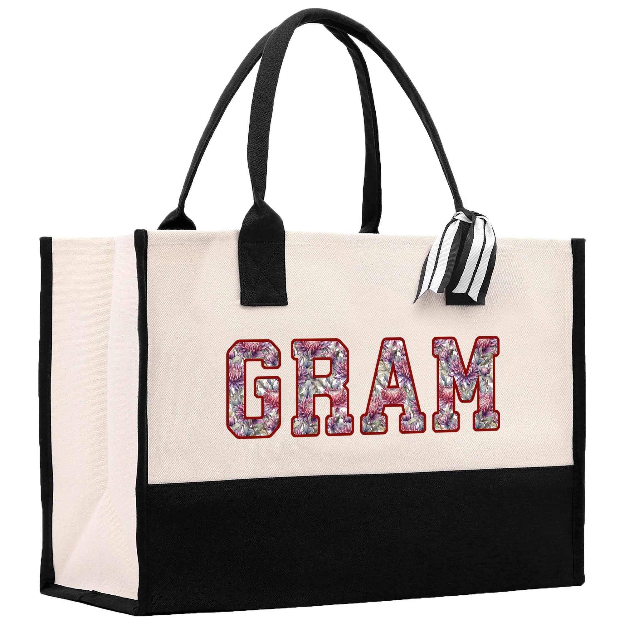 a black and white bag with the word gram on it