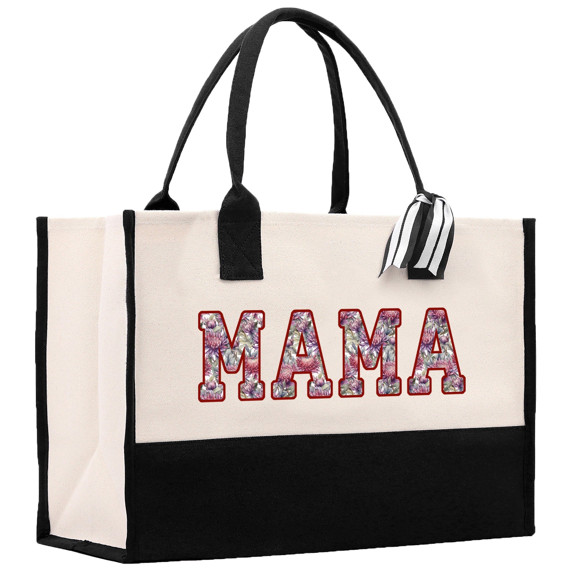 a white and black bag with the word mama printed on it