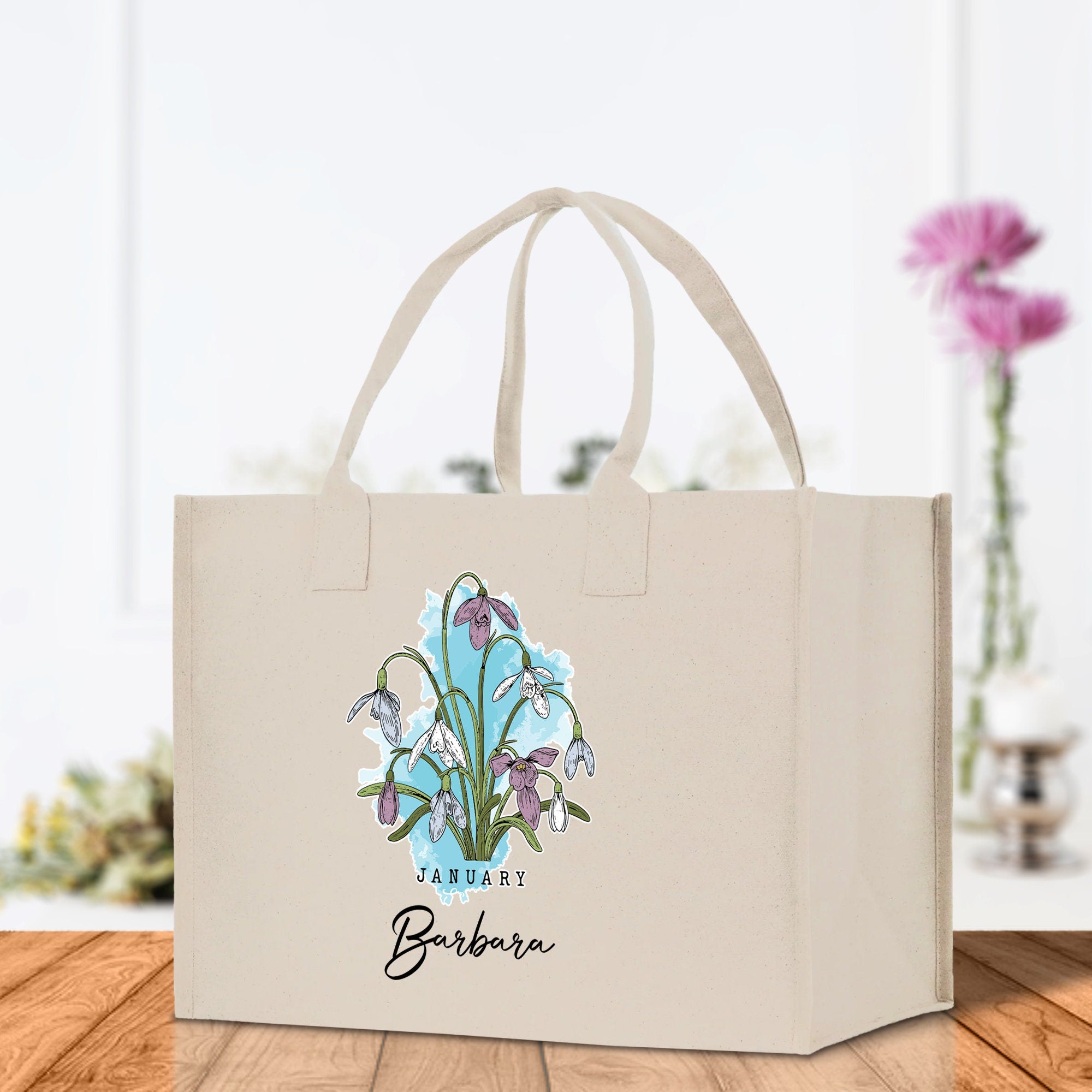 January Birth Month Flower Personalized Name Cotton Canvas Tote Bag Custom Flower Birthday Gift Bag Wedding Gift for Her Bridal Bridesmaid