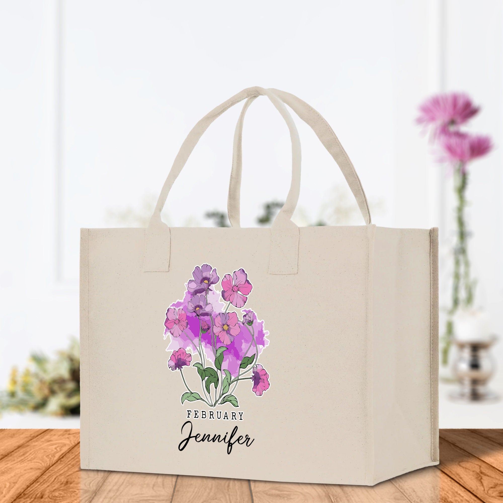 February Birth Month Flower Personalized Name Cotton Canvas Tote Bag Custom Flower Birthday Gift Bag Wedding Gift for Her Bridal Bridesmaid