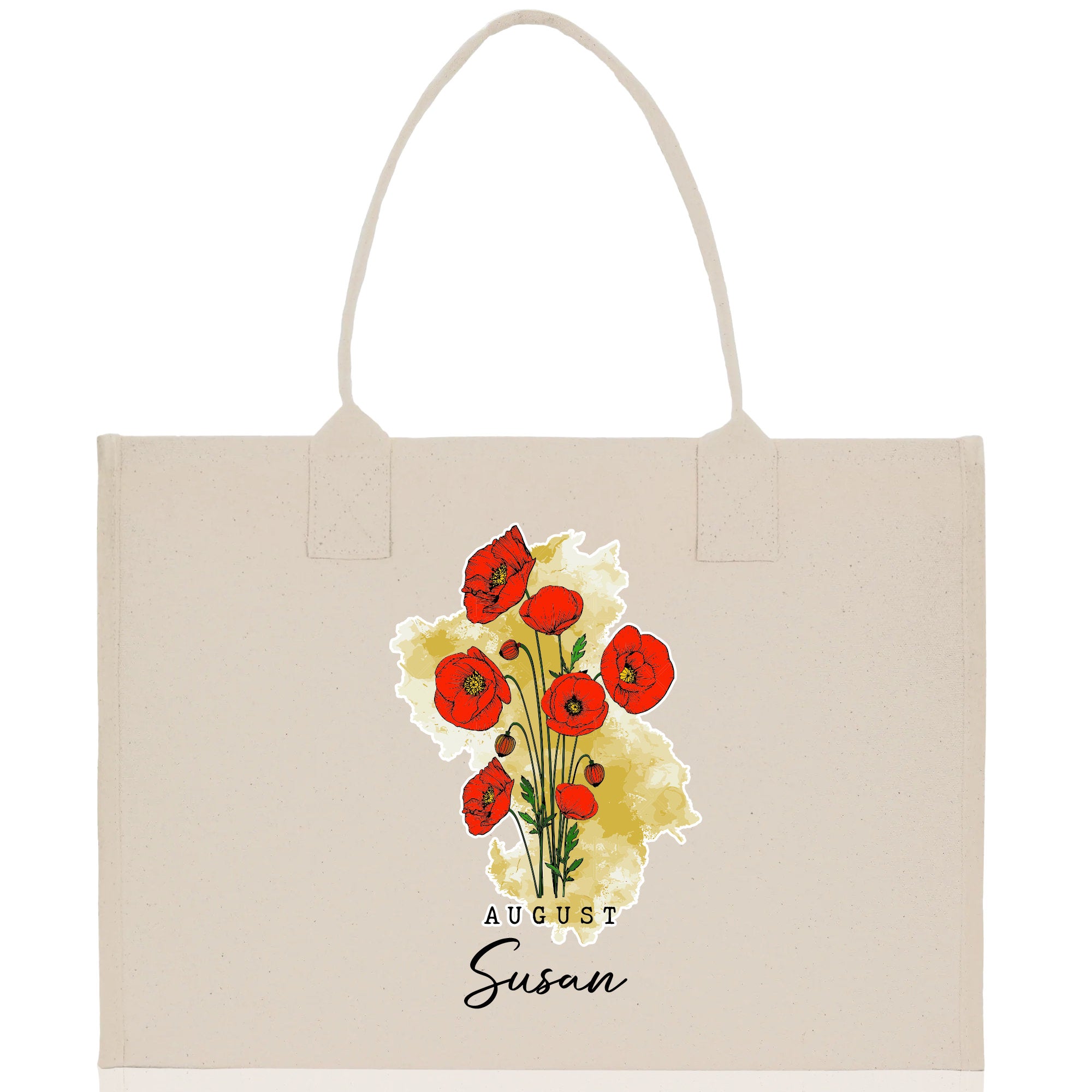 a white shopping bag with a picture of a bouquet of red flowers