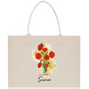 a white shopping bag with a picture of a bouquet of red flowers