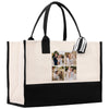 a black and white tote bag with four photos
