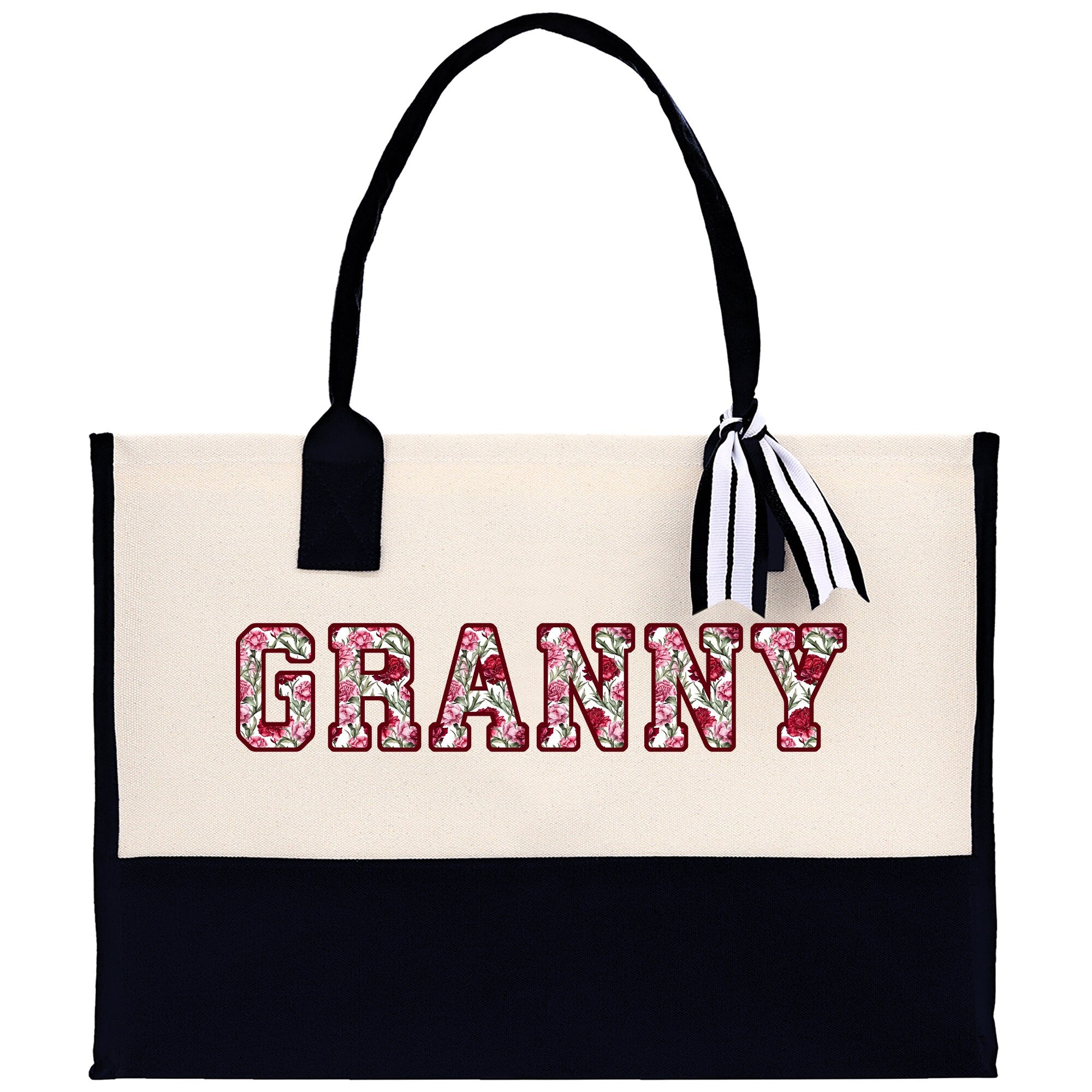 a black and white bag with the word granny printed on it