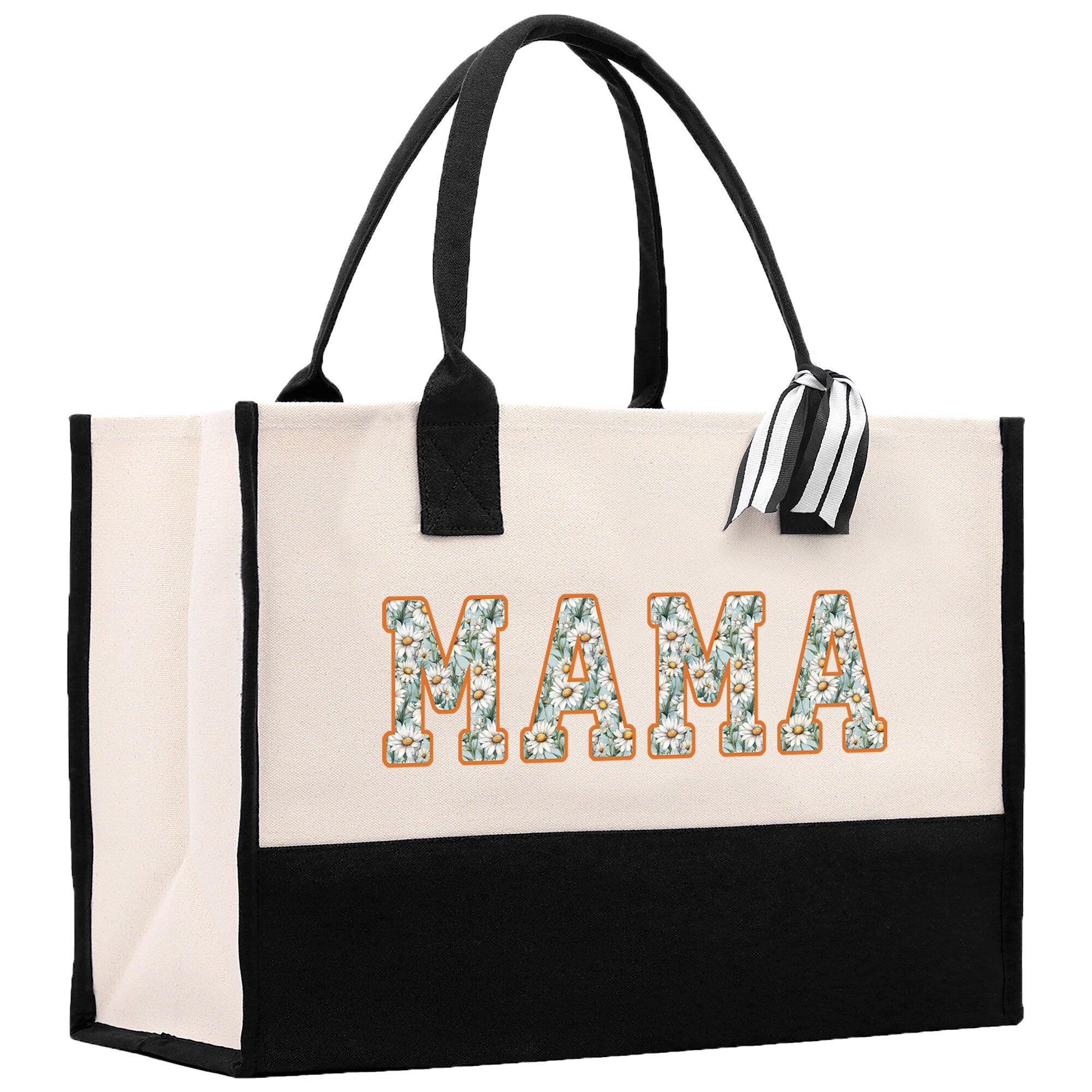 a black and white bag with the word mama printed on it