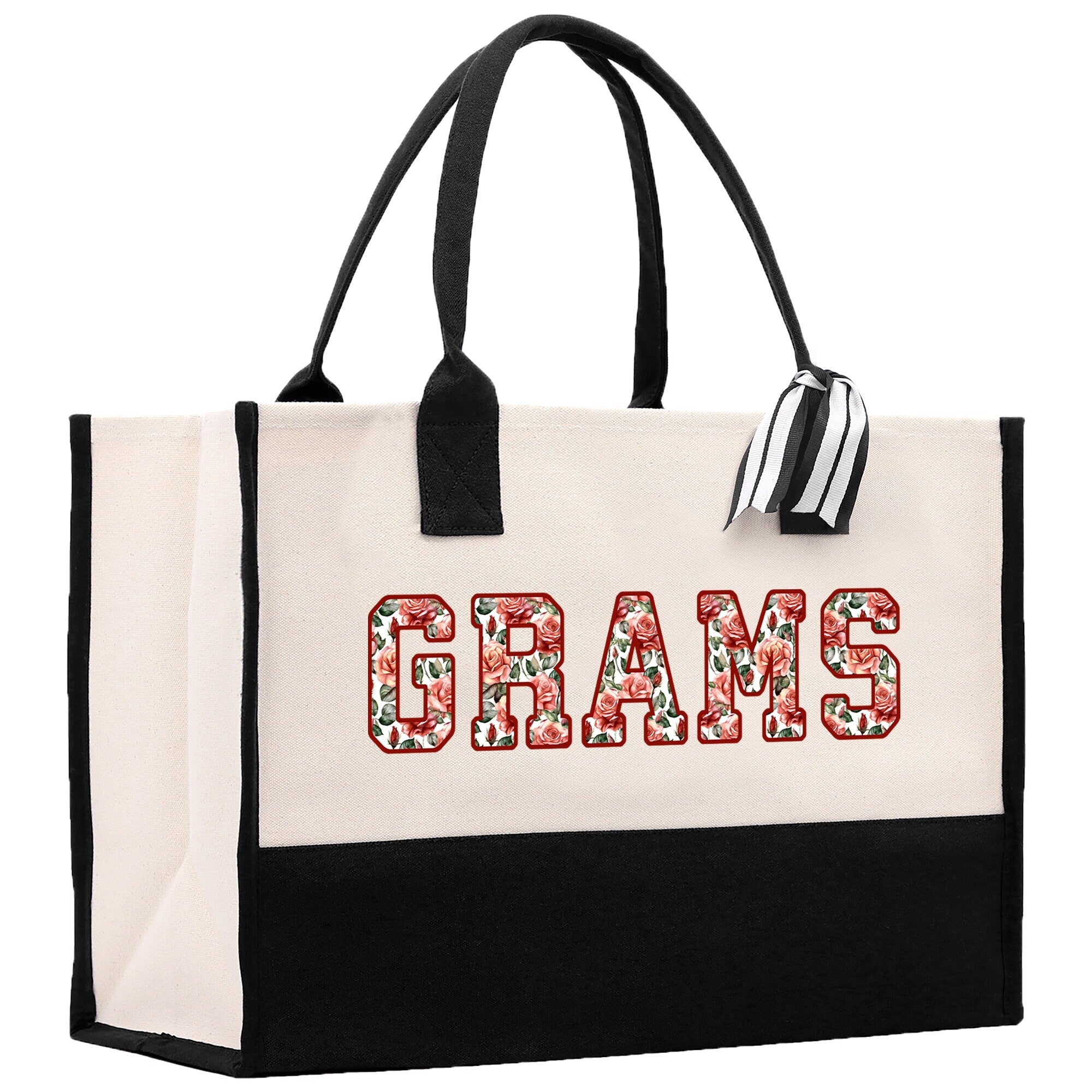 a black and white tote bag with the word grams printed on it