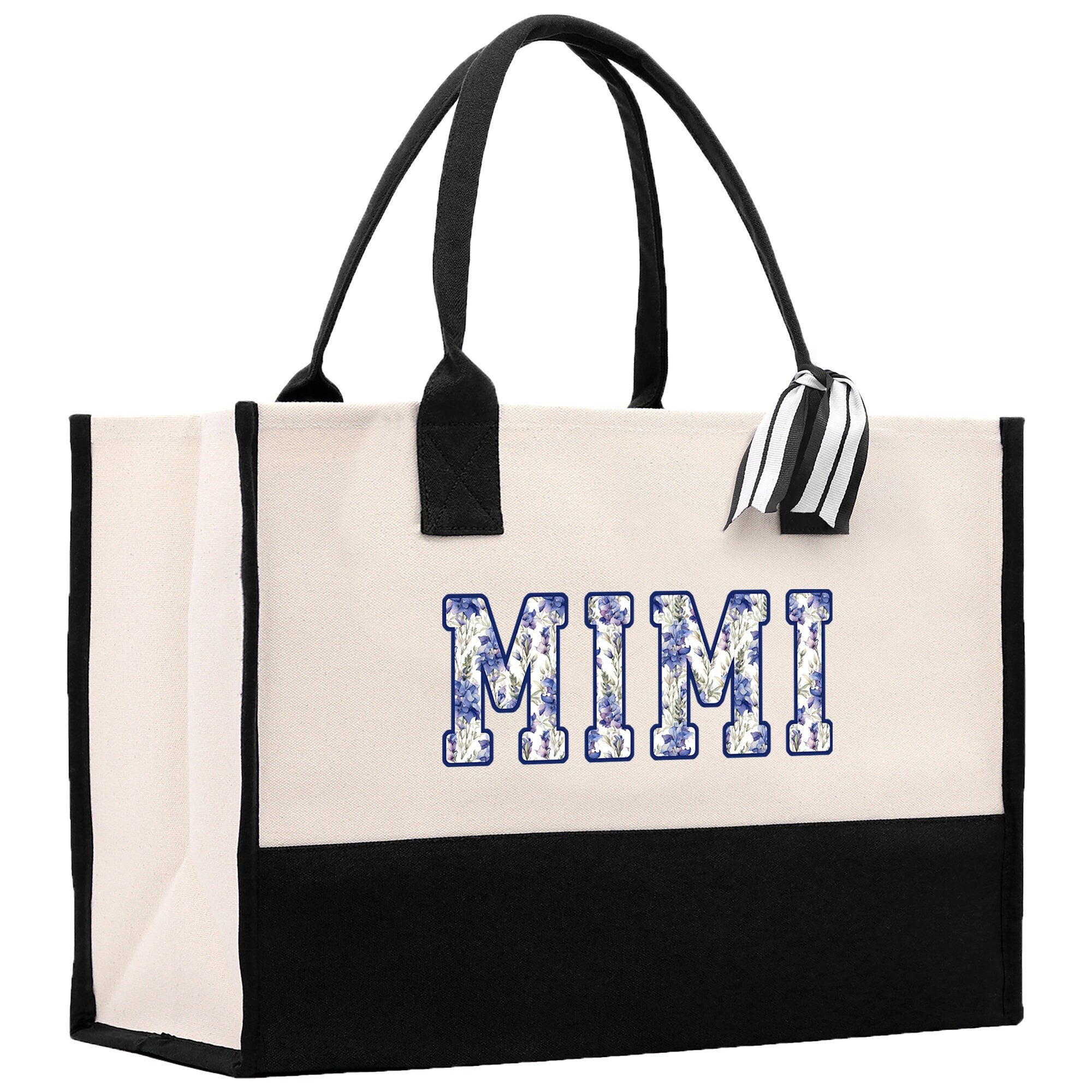 a black and white bag with the word mimi printed on it