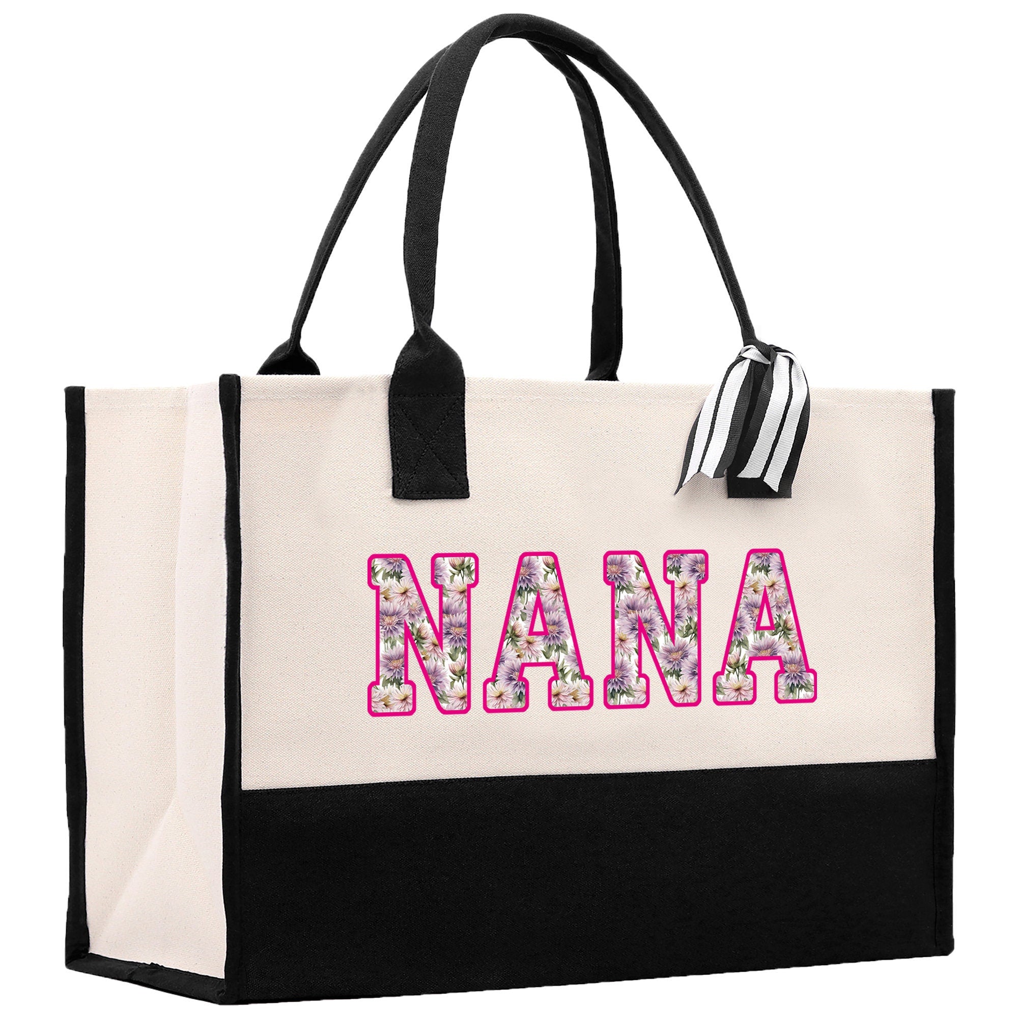 a black and white bag with pink letters