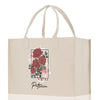 a white shopping bag with red roses on it