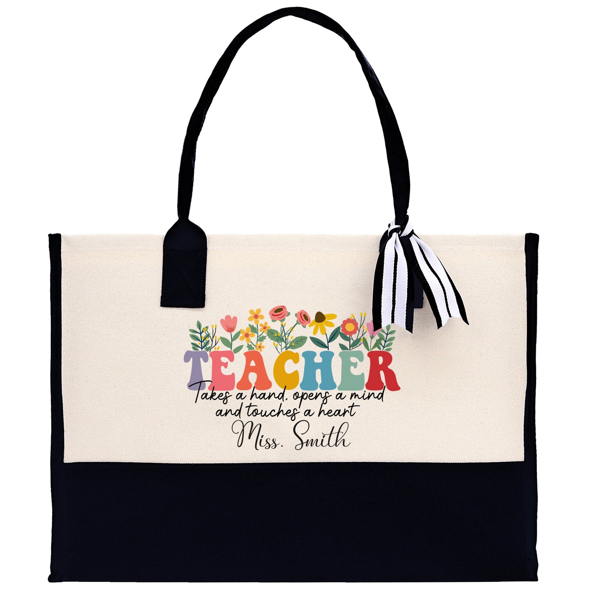 a black and white bag with a teacher on it