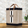 a canvas bag with a black and white stripe on it