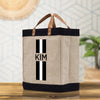a jute bag with a black and white stripe on it