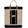 a black and white tote bag with the word amy printed on it