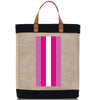 a pink and white striped tote bag on a white background