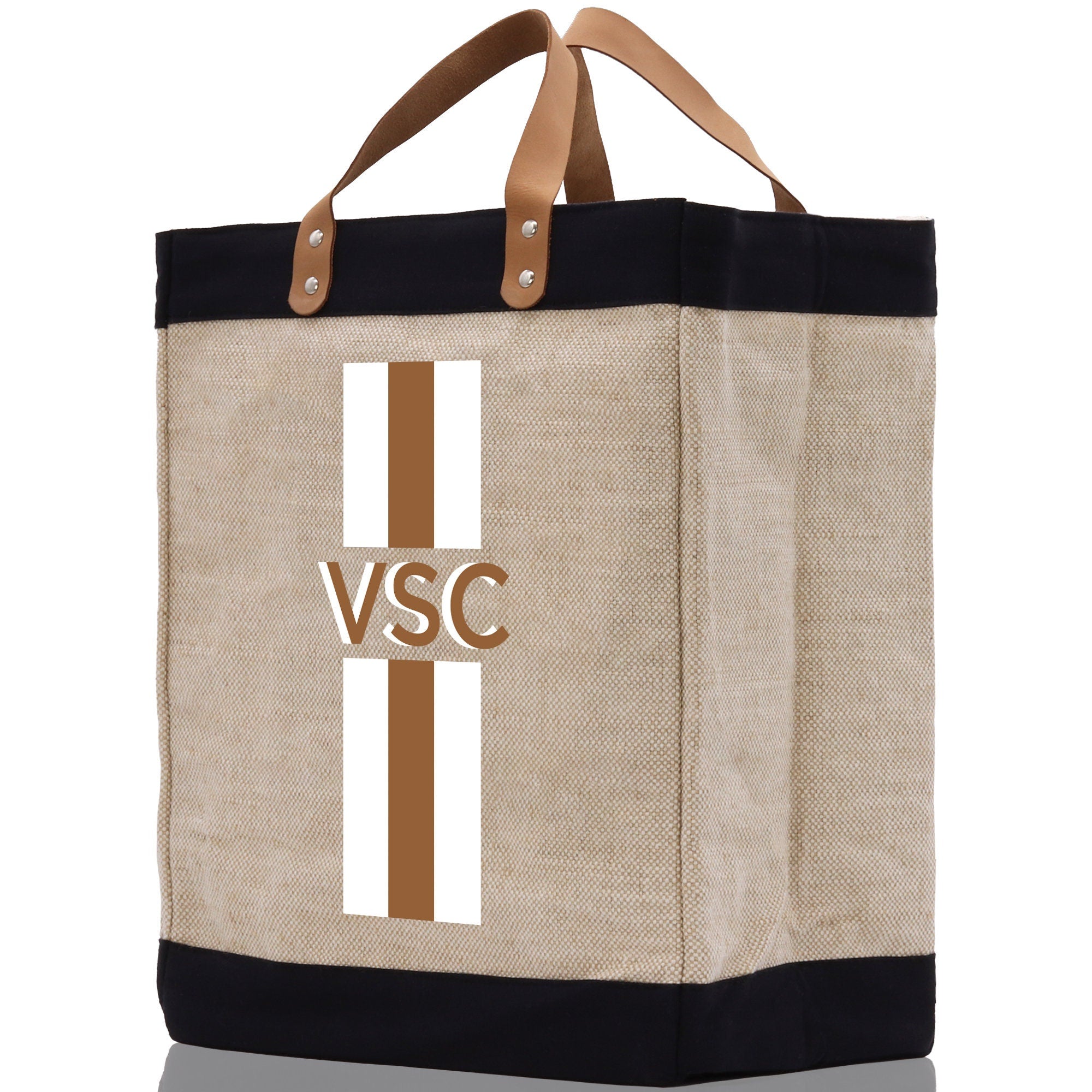 a canvas tote bag with a brown and white stripe