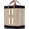 a canvas tote bag with a brown and white stripe