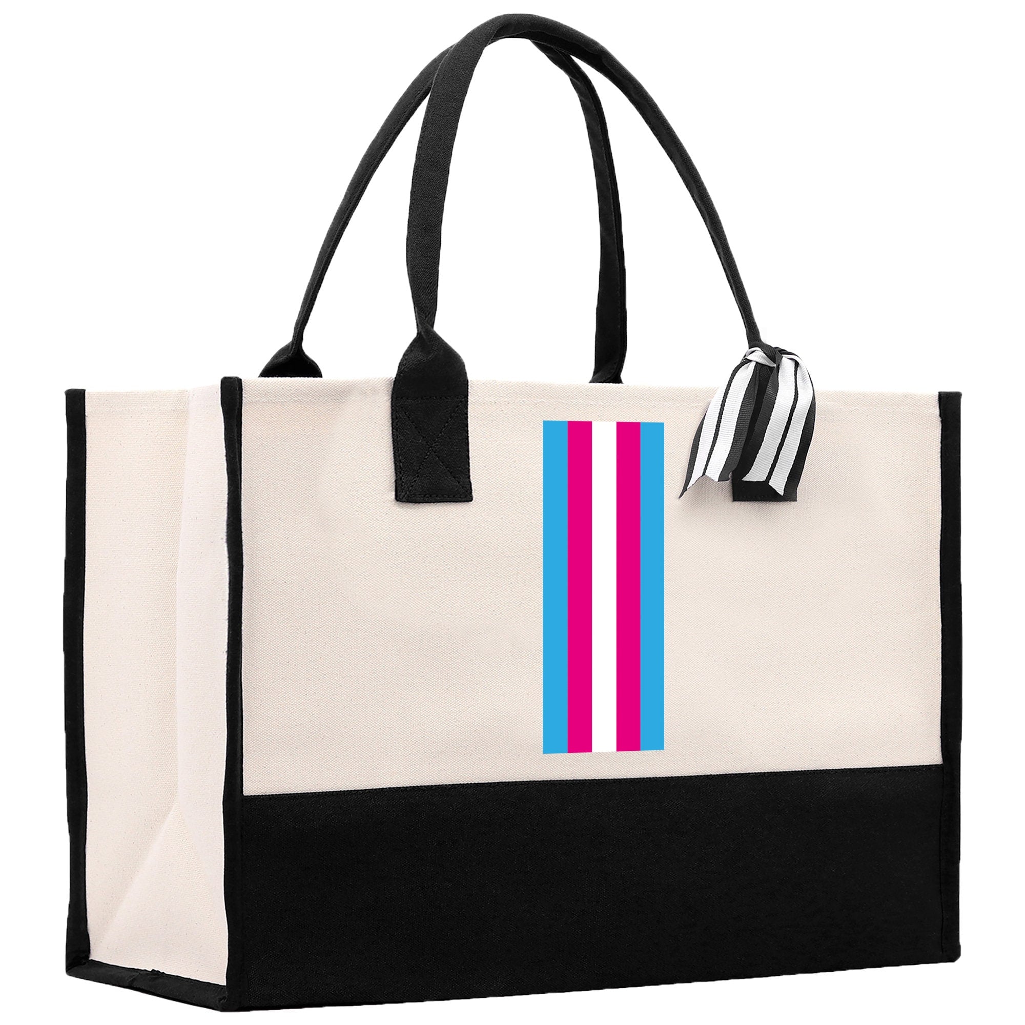 a black and white bag with a pink and blue stripe