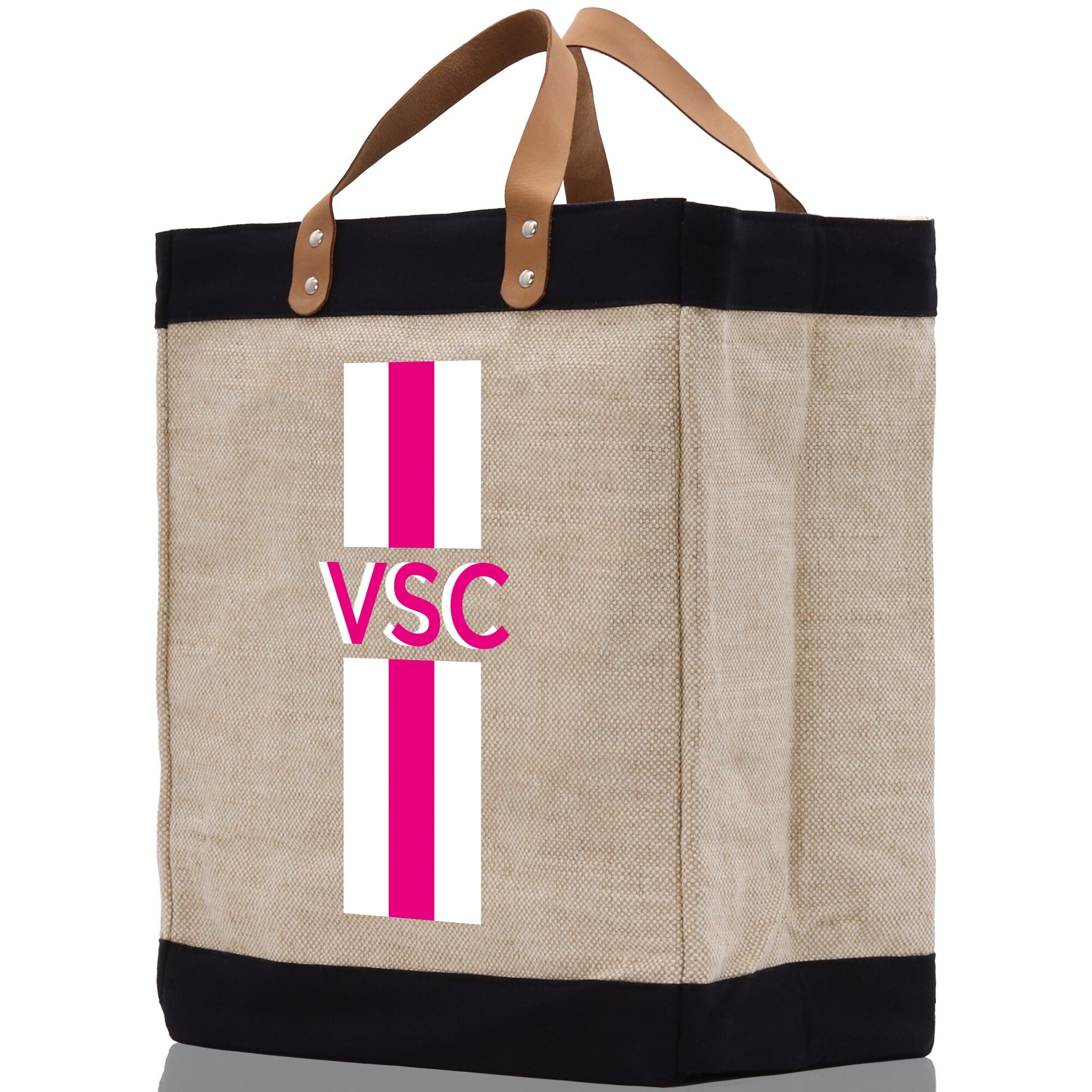 a jute bag with a pink and white stripe